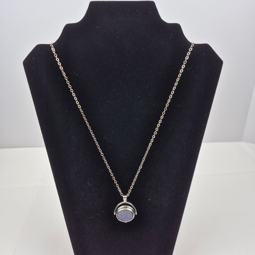 Vtg Rotating Pendant Necklace Purple Druzy Glitter Watch‎ Face Silver Tone 29"